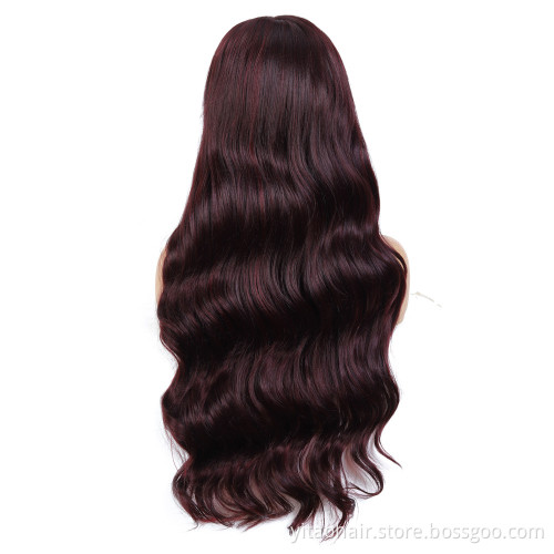Burgundy color  wave Lace Wig L Part Heat Resist Fiber Soft Long body Wave Hair Wig For Black Women Synthetic Lace Front Wigs
